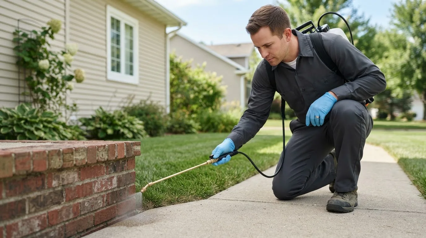 Pest control technician treating a home near Malcolm, NE