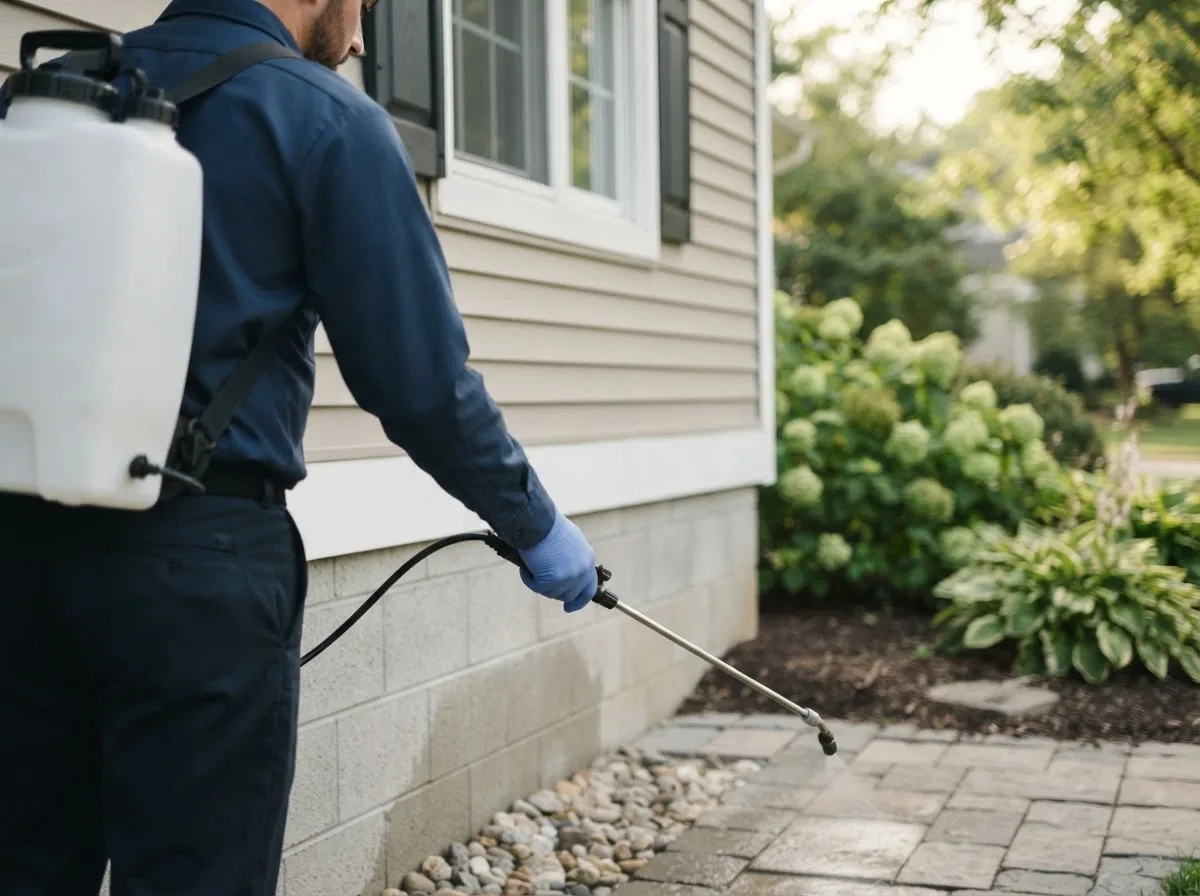 Pest control technician inspecting a home in Malcolm, NE